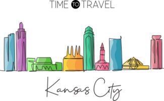 One continuous line drawing of Kansas city skyline, USA. Beautiful landmark. World landscape tourism travel vacation poster print. Editable stylish stroke single line draw design vector illustration png