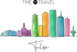 One continuous line drawing of Tulsa city skyline, Oklahoma. Beautiful landmark. World landscape tourism travel vacation poster art. Editable stylish stroke single line draw design vector illustration png