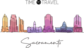 dibujo de una sola línea continua del horizonte de la ciudad de sacramento, california. famoso paisaje de la ciudad. concepto de viaje mundial hogar pared decoración cartel impresión arte. Ilustración de vector de diseño de dibujo de una línea moderna png