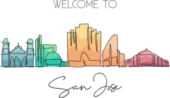 een doorlopende lijntekening de skyline van de stad San Jose, Californië. mooi oriëntatiepunt. wereld toerisme reizen vakantie huis muur decor poster print kunst. stijlvolle enkele lijn tekenen ontwerp vectorillustratie png