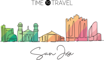 One single line drawing of San Jose city skyline, California. Historical town landscape in the world. Best holiday destination. Editable stroke trendy continuous line draw design vector illustration png