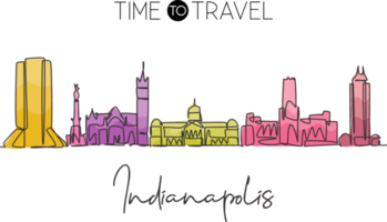 einzelne fortlaufende Linienzeichnung der Skyline der Stadt Indianapolis, USA. berühmter Stadtkratzer und Landschaft. Weltreisekonzept Hauptwanddekor-Plakatdruck. moderne einzeilige abgehobene betragsdesign-vektorillustration png