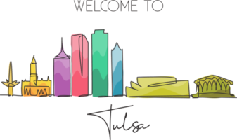 Single continuous line drawing Tulsa city skyline, Oklahoma. Famous city scraper and landscape. World travel concept home wall decor art poster print. Modern one line draw design vector illustration png