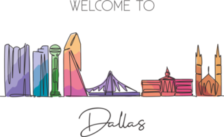 One continuous line drawing of Dallas city skyline, United States of America. Beautiful landmark. World landscape travel vacation. Editable stylish stroke single line draw design vector illustration png