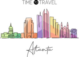 One continuous line drawing of Atlanta city skyline, USA. Beautiful landmark. World landscape tourism travel vacation poster print wall decor art. Stylish single line draw design vector illustration png