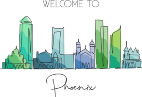 One continuous line drawing of Phoenix city skyline, United States. Beautiful landmark. World landscape tourism and travel vacation. Editable stylish stroke single line draw design vector illustration png