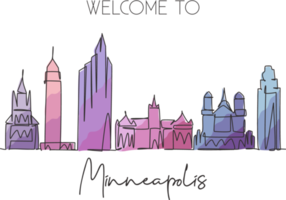 One single line drawing of Minneapolis city skyline, USA. Historical town landscape. Best holiday destination home wall decor poster print art. Trendy continuous line draw design vector illustration png