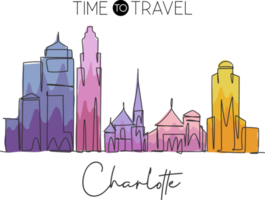 Single continuous line drawing of Charlotte city skyline, USA. Famous city scraper and landscape. World travel concept home wall decor poster print art. Modern one line draw design vector illustration png