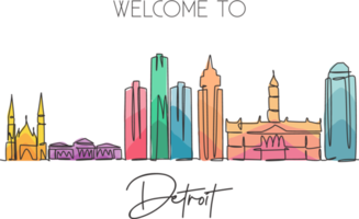 één enkele lijntekening van de skyline van de stad van Detroit, Verenigde Staten. historisch stadslandschap. beste vakantiebestemming thuis muur decor poster print. trendy doorlopende lijn tekenen ontwerp vectorillustratie png