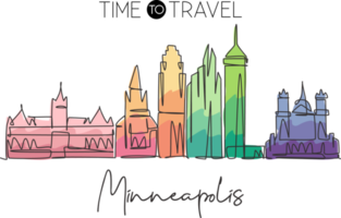 One continuous line drawing Minneapolis city skyline, United States of America. Beautiful landmark. World landscape vacation poster. Editable stylish stroke single line draw design vector illustration png