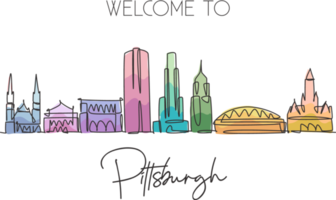 One single line drawing of Pittsburgh city skyline, Pennsylvania. Historical town landscape in world. Best holiday destination. Editable stroke trendy continuous line draw design vector illustration png