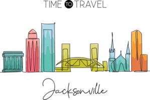 One single line drawing of Jacksonville city skyline, USA. Historical town landscape in world. Best holiday destination poster. Editable stroke trendy continuous line draw design vector illustration png
