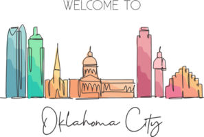 One continuous line drawing Oklahoma city skyline, United States. Beautiful landmark. World landscape tourism travel poster print. Editable stylish stroke single line draw design vector illustration png