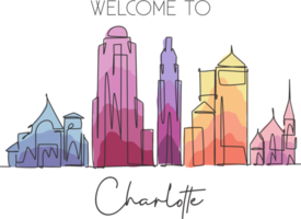 One continuous line drawing Charlotte city skyline United State. Beautiful landmark. World landscape tourism travel vacation poster. Editable stylish stroke single line draw design vector illustration png