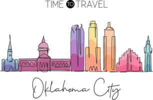 One single line drawing of Oklahoma city skyline United States. Historical town landscape. Best holiday destination home decor wall art poster. Trendy continuous line draw design vector illustration png