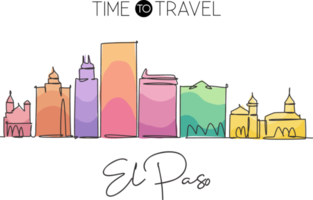 Single continuous line drawing of El Paso city skyline, Texas. Famous city scraper and landscape in world. World travel concept poster. Editable stroke modern one line draw design vector illustration png