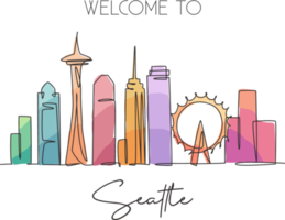 Single continuous line drawing of Seattle city skyline, USA. Famous city scraper and landscape home wall decor poster print art. World travel concept. Modern one line draw design vector illustration png