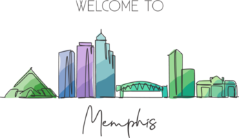 enda kontinuerlig linjeritning av memphis city skyline, usa. berömda stadsskrapa och landskap. världsresor koncept hem vägg dekor affisch print konst. moderna en rad rita design vektorillustration png