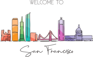 One continuous line drawing San Francisco city skyline, United States of America. Beautiful landmark. World tourism travel vacation poster. Editable stroke single line draw design vector illustration png