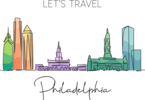 Single continuous line drawing of Philadelphia city skyline, United States of America. Famous landscape. World travel poster print art. Editable stroke modern one line draw design vector illustration png