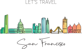One single line drawing of San Francisco city skyline, USA. Historical town landscape in the world. Best holiday destination poster wall decor. Trendy continuous line draw design vector illustration png