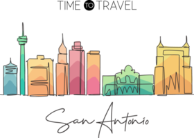 einzelne durchgehende linienzeichnung der skyline von san antonio, vereinigte staaten von amerika. berühmte Landschaft. Weltreisekonzept-Wanddekor-Plakatdruck. moderne einzeilige abgehobene betragsdesign-vektorillustration png