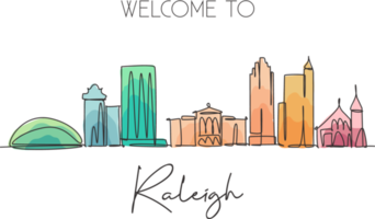 un dibujo de línea continua del horizonte de la ciudad de raleigh, estados unidos. hermoso hito. Impresión de carteles de vacaciones de viajes de turismo de paisaje mundial. Ilustración de vector de diseño de dibujo de una sola línea de trazo elegante editable png