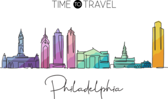 één enkele lijntekening van de stadshorizon van Philadelphia, de V.S. historisch stadslandschap. beste vakantiebestemming thuis kunst muur decor poster print. trendy doorlopende lijn tekenen ontwerp vectorillustratie png