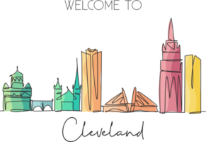 One single line drawing of Cleveland city skyline, USA. Historical town landscape in world. Best holiday destination wall decor poster print art. Trendy continuous line draw design vector illustration png