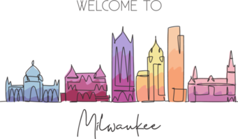One continuous line drawing of Milwaukee city skyline, United States. Beautiful landmark. World landscape tourism and travel poster. Editable stylish stroke single line draw design vector illustration png