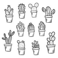 Set of hand drawn cactus in a pot line doodle natural botanical decoration vector