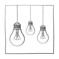mano dibujado garabatear ilustración de tinta bosquejo con Tres ligero bombillas en cuadrado marco. símbolo de idea, nuevo solución y creatividad vector