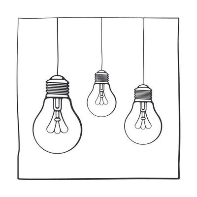 Hand drawn doodle illustration of ink sketch with three light bulbs in square frame. Symbol of idea, new solution and creativity