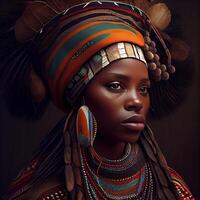 retrato realista gráficos de un africano mujer con fuerte facial caracteristicas en nacional ropa - ai generado imagen foto