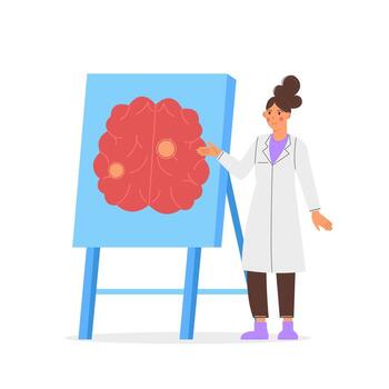 A doctor talks about brain stroke in a flat style next to the stand vector