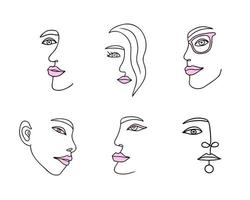 Contour girl face, set, hand drawn one line, beautiful women. Illustration for backgrounds and packaging. Image can be used for greeting card, poster and textile. Isolated on white background. vector