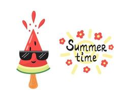 Watermelon and summer time text. Illustration for printing, backgrounds, covers and packaging. Image can be used for greeting cards, posters, stickers and textile. Isolated on white background. vector