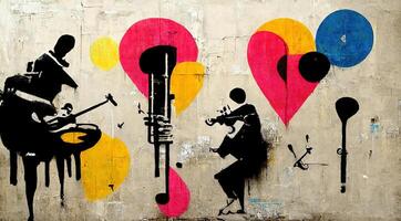 , Street art with keys and musical instruments silhouettes. Ink graffiti art on a textured paper vintage background, inspired by Banksy photo