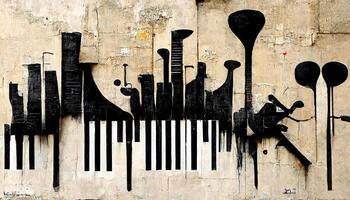 generativo ai, calle Arte con llaves y musical instrumentos siluetas tinta pintada Arte en un texturizado papel Clásico fondo, inspirado por bancos foto