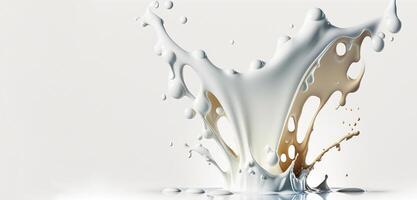 , Flowing liquid with splashes in white color. Glossy cream milk fluid banner, 3D effect, modern macro photorealistic abstract background illustration. photo
