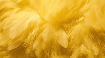 , Beautiful light yellow closeup feathers, photorealistic background. Small fluffy yellow feathers randomly scattered forming photo