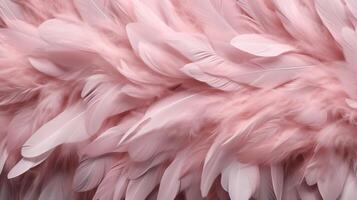 , Beautiful light pink closeup feathers, photorealistic background. Small fluffy pink feathers randomly scattered forming photo
