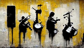 , Street art with keys and musical instruments silhouettes. Ink graffiti art on a textured paper vintage background, inspired by Banksy photo