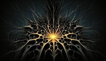 , Conceptual illustration of neuron cells with glowing link knots in abstract dark space, high resolution. Human nervous system, neural network photo