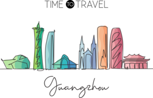 One continuous line drawing of Guangzhou city skyline, China. World beautiful landscape tourism. Editable stroke single line draw design vector illustration png