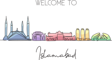 eine durchgehende strichzeichnung der skyline der stadt islamabad, pakistan. schönes Wahrzeichen der Stadt. Weltlandschaftstourismus und Reiseurlaub. editierbare stilvolle einzeilige zeichnen design vektorgrafiken illustration png