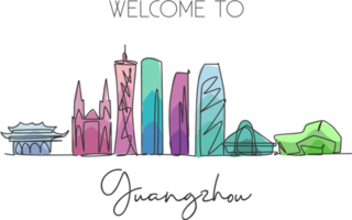 Single continuous line drawing of Guangzhou skyline, China. Famous city landscape. World travel concept. Editable stroke one line draw design vector illustration png