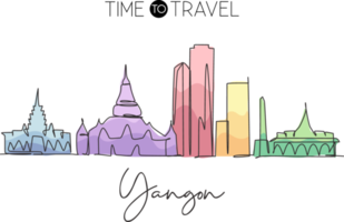 dessin en ligne continue unique de l'horizon de la ville de yangon, myanmar. célèbre paysage de gratte-ciel de la ville. affiche d'impression murale de décor d'art de maison de concept de voyage du monde. illustration vectorielle de dessin à une ligne moderne png