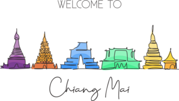 dibujo de una sola línea continua del horizonte de la ciudad de chiang mai, tailandia. famoso paisaje de la ciudad. concepto de viaje mundial hogar pared decoración cartel impresión arte. Ilustración de vector de diseño de dibujo de una línea moderna png