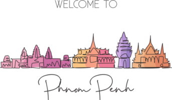 disegno a linea continua singola dello skyline della città di Phnom Penh, in Cambogia. famoso paesaggio cittadino. poster per la decorazione della parete di arte della casa di concetto di viaggio nel mondo. illustrazione vettoriale moderna di disegno di una linea png